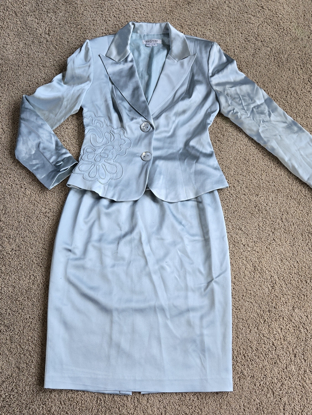 Kay Unger Ice Blue Satin Two-Piece Silk Skirt Suit Size 8